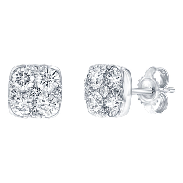 Cushion shape earrings set with 1.00ct round brilliant cut H-SI diamonds in 18k white gold