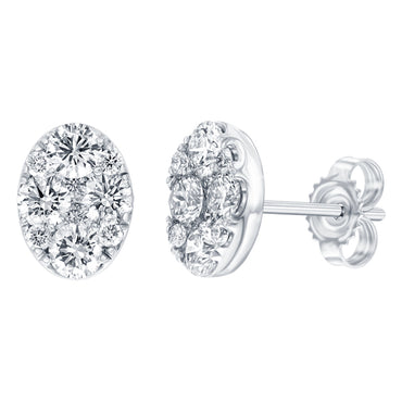 Oval shape earrings set with 1.00ct round brilliant cut H-SI diamonds in 18k white gold