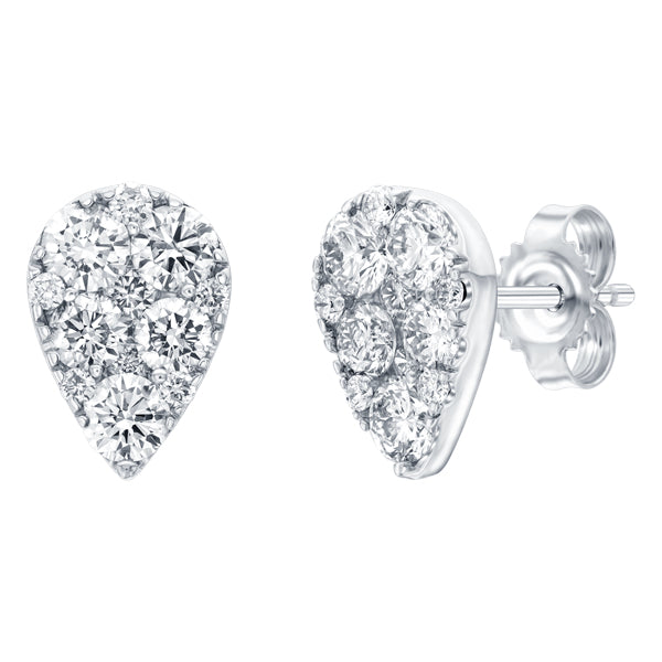 Pear shape earrings set with 1.00ct round brilliant cut H-SI diamonds in 18k white gold