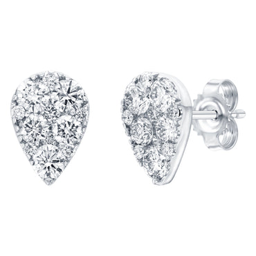 Pear shape earrings set with 1.00ct round brilliant cut H-SI diamonds in 18k white gold