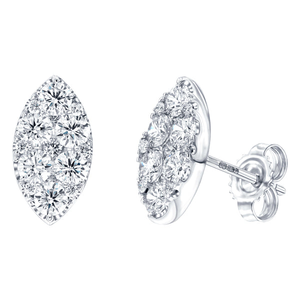 Marquise shape earrings set with 1.00ct round brilliant cut H-SI diamonds in 18k white gold