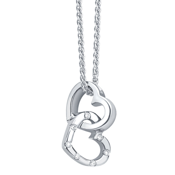 Double heart pendant in 18k white gold with diamonds on chain