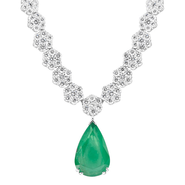 18.92ct Round Diamond & Emerald Cluster Necklace set in 18k White Gold