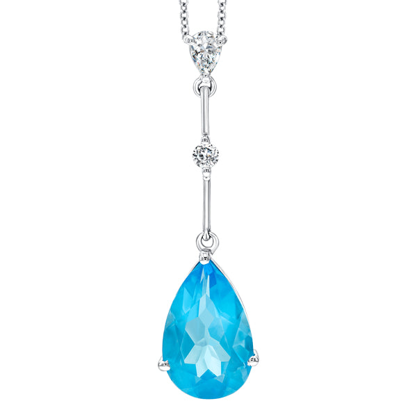 Blue topaz pear drop pendant set in 18k white gold with 0.27ct H-SI diamond accents