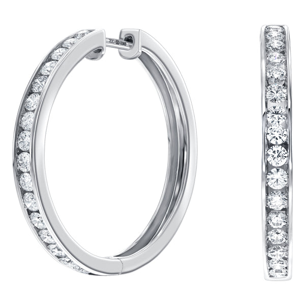 Channel Set Round Brilliant Diamond Hoop Earrings set in 18ct White Gold