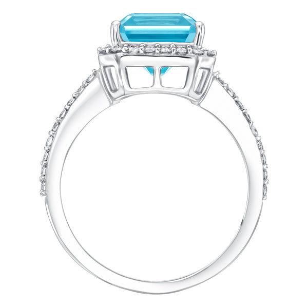 5.00ct Blue Topaz with 0.38ct Round Diamonds Around Halo & Shoulder in 18ct Gold