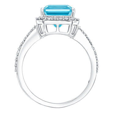 5.00ct Blue Topaz with 0.38ct Round Diamonds Around Halo & Shoulder in 18ct Gold