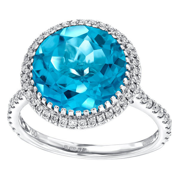 3.75ct Blue Topaz with 0.38ct Round Diamonds Around Halo & Shoulder in 18ct Gold