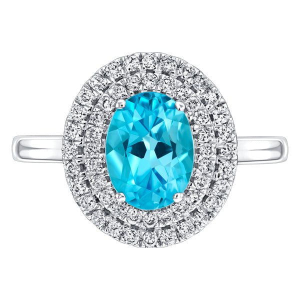 1.50ct Blue Topaz with 0.33ct Round Diamonds Around the Halo in 18ct Gold