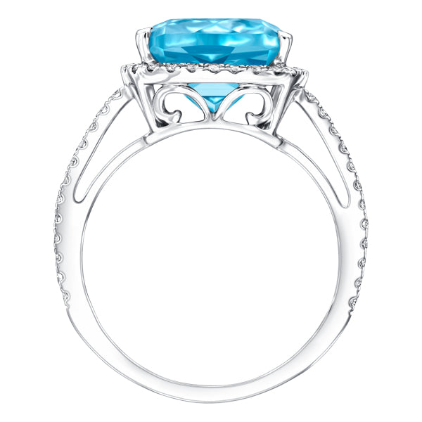 6.50ct Blue Topaz with 0.38ct Round Diamonds Around Halo & Shoulder in 18ct Gold