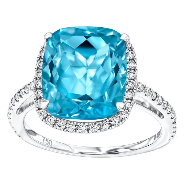 6.50ct Blue Topaz with 0.38ct Round Diamonds Around Halo & Shoulder in 18ct Gold