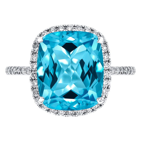 6.50ct Blue Topaz with 0.38ct Round Diamonds Around Halo & Shoulder in 18ct Gold