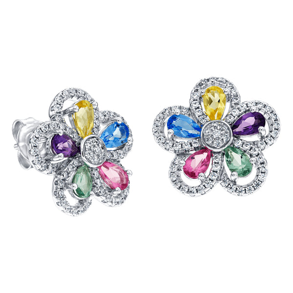 Multi-colour crystal flower earrings in sterling silver