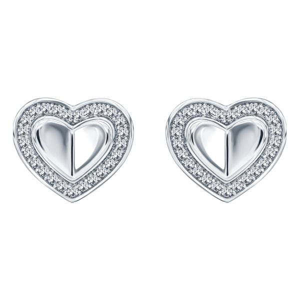 Folded heart stud earrings with pave set crystal halo