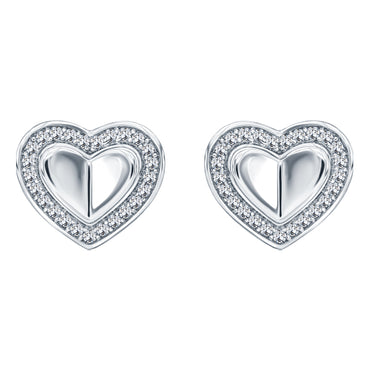 Folded heart stud earrings with pave set crystal halo