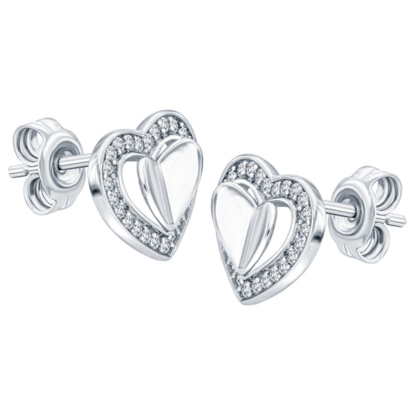 Folded heart stud earrings with pave set crystal halo