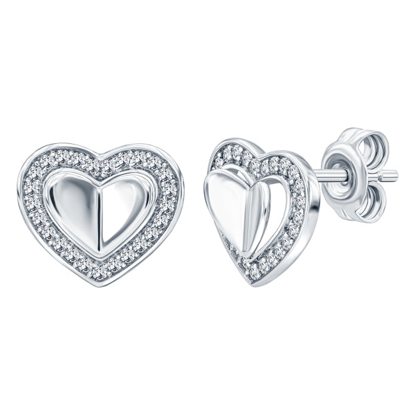 Folded heart stud earrings with pave set crystal halo