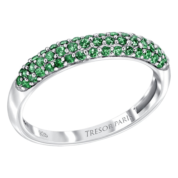 Pave set sterling silver ring with Emerald colour crystals for May