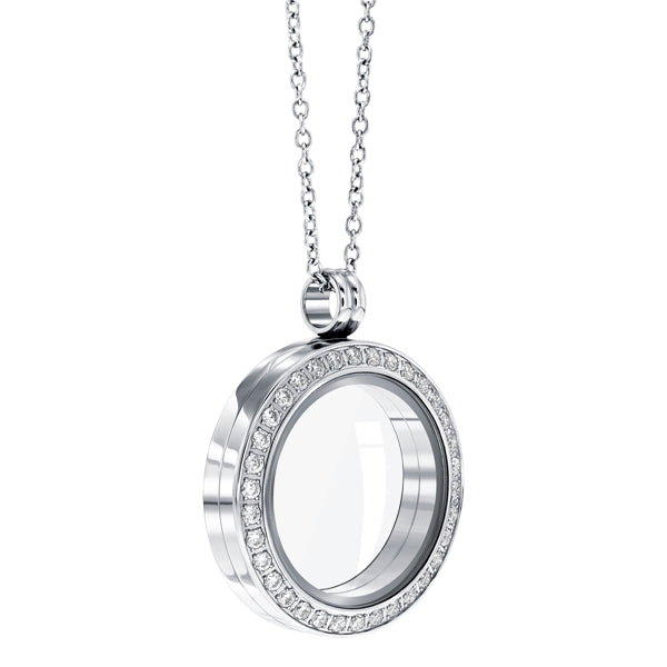 Round 25mm Essence locket with crystals in White gold