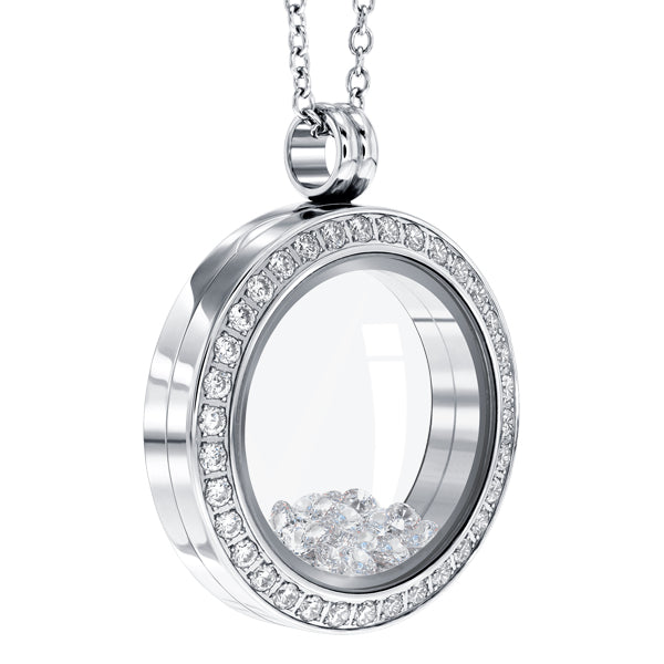 Round 25mm Essence locket with crystals in White gold