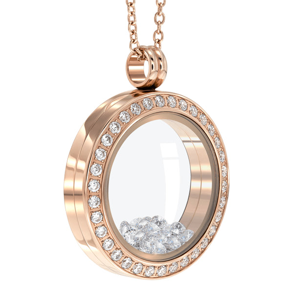 Round 25mm Essence locket with crystals in rose gold colour