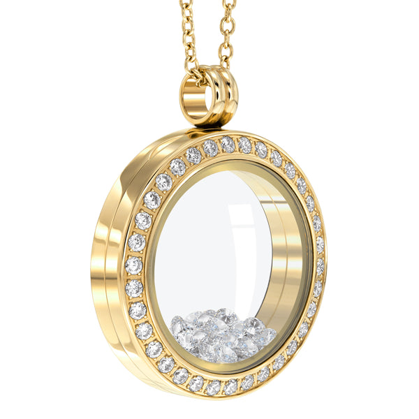 Round 25mm Essence locket with crystals in yellow gold colour