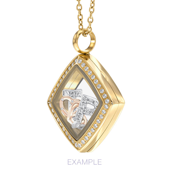 Diamond shape Essence floating locket with crystals in yellow gold colour