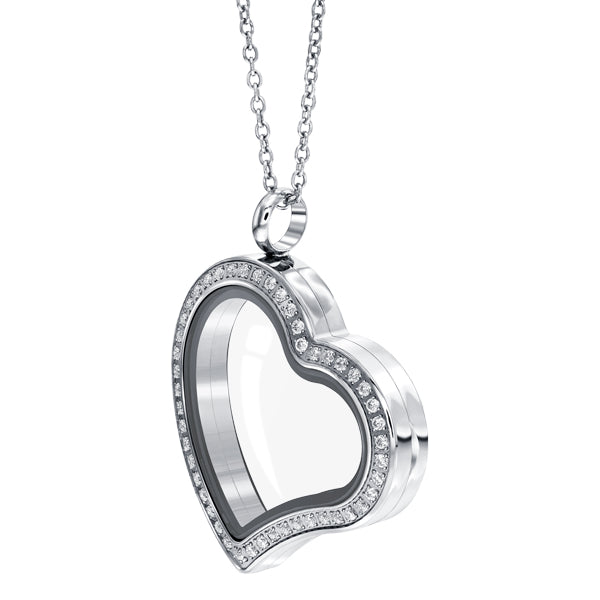 Slanted heart shape Essence floating locket with crystals in white colour Stainless Steel