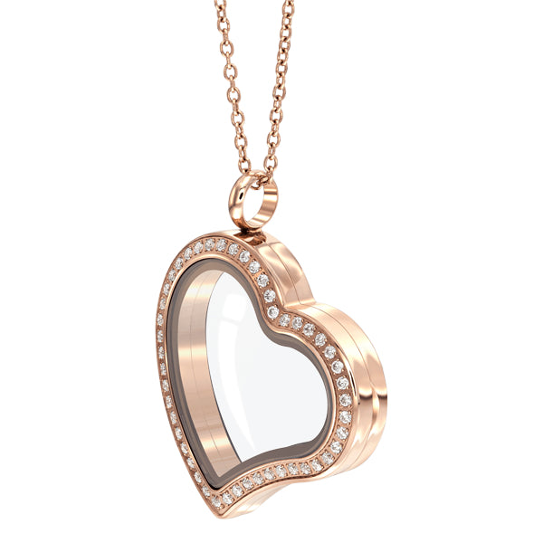 Slanted heart shape Essence locket with crystals in rose gold colour