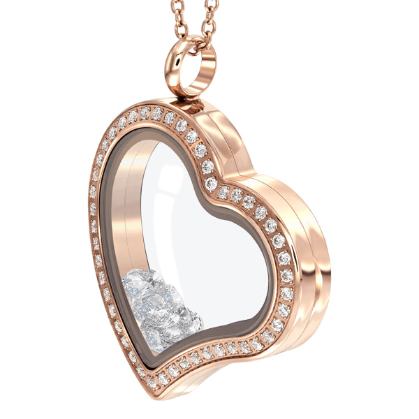 Slanted heart shape Essence locket with crystals in rose gold colour