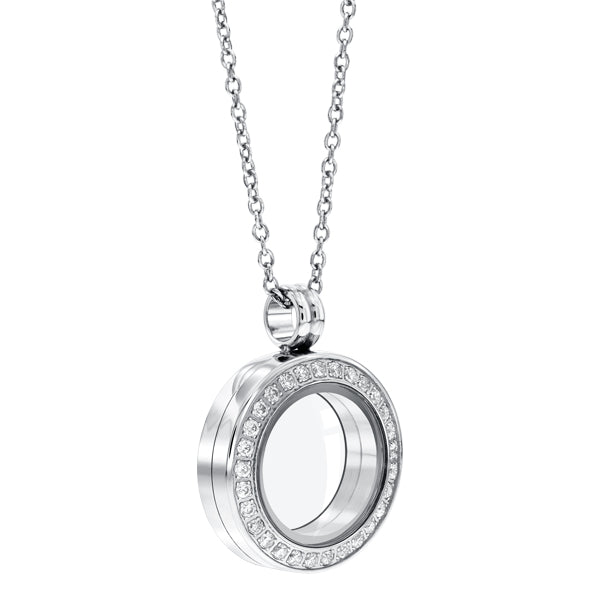 Round 20mm Essence floating locket with crystals in white gold colour