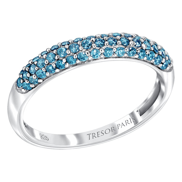 Pave set sterling silver ring with Aquamarine colour crystals for March