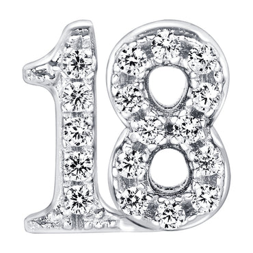 Number 18 Locket Charm with white crystals in white gold colour