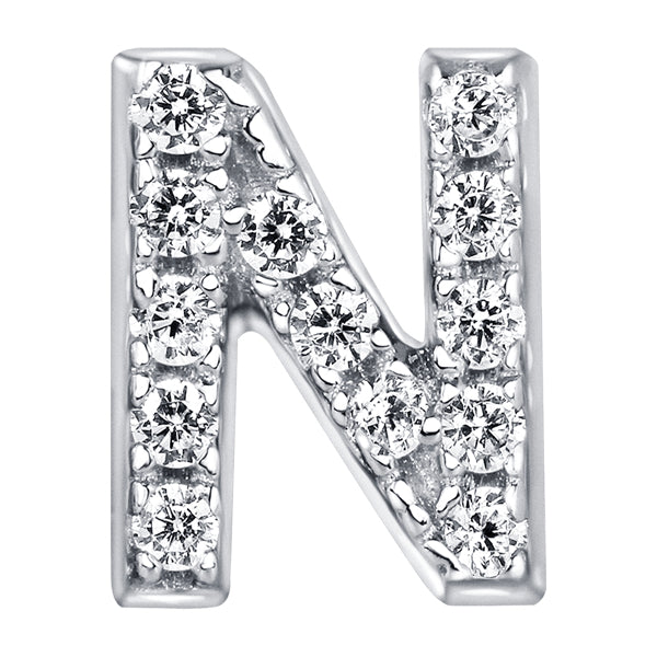 Letter N Locket Charm with white crystals in white gold colour