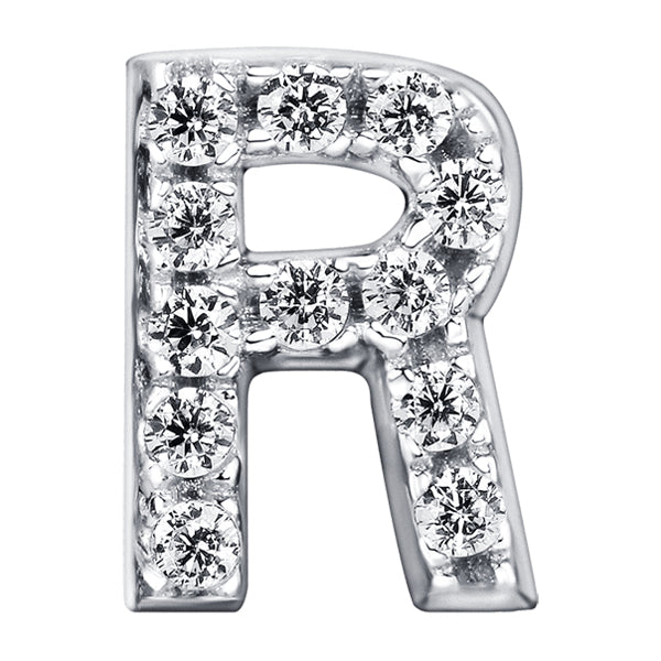 Letter R Locket Charm with white crystals in white gold colour