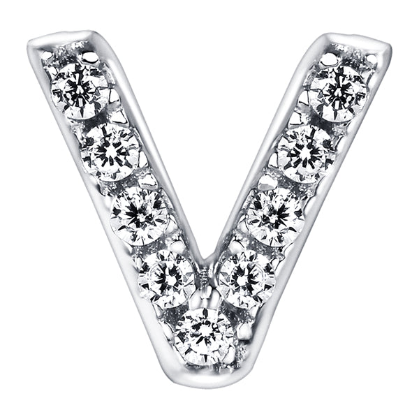 Letter V Locket Charm with white crystals in white gold colour