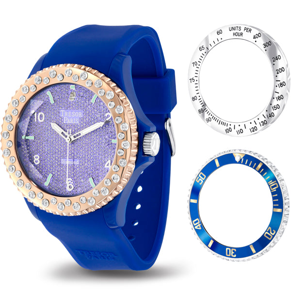 44mm Blue Silicon Diamond & Crystal Analogue Watch with 2 Extra Bezels