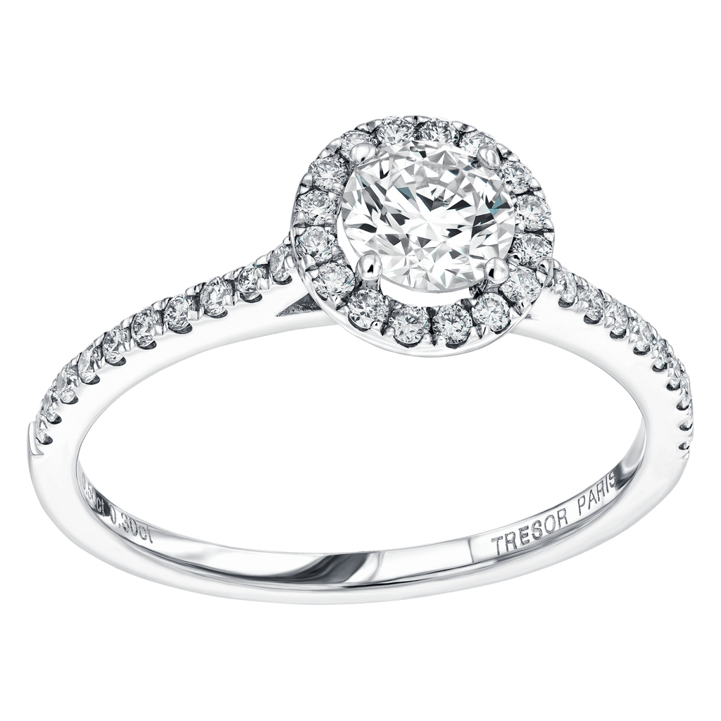 0.50ct GIA J-VS1 round brilliant diamond halo engagement ring set in 18k white gold