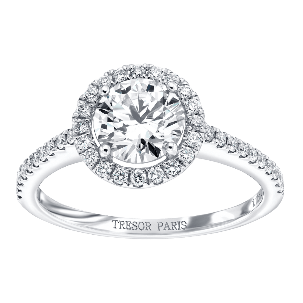 1.11ct GIA O-P SI2 round brilliant diamond halo engagement ring in 18k white gold