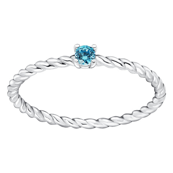 Subtle twisted silver ring with Aquamarine colour crystal as March birthstone