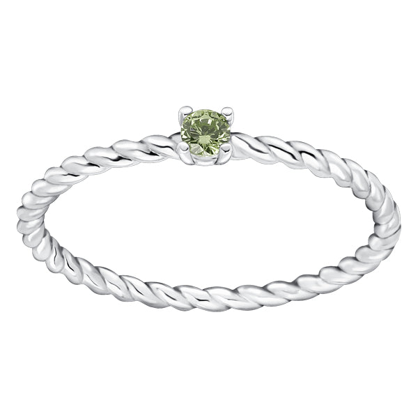 Subtle twisted silver ring with Peridot colour crystal as August birthstone