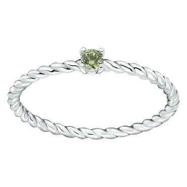 Subtle twisted silver ring with Peridot colour crystal as August birthstone