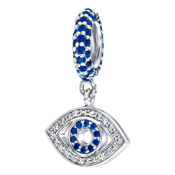 Evil Eye bangle charm hanging on pave set hoop