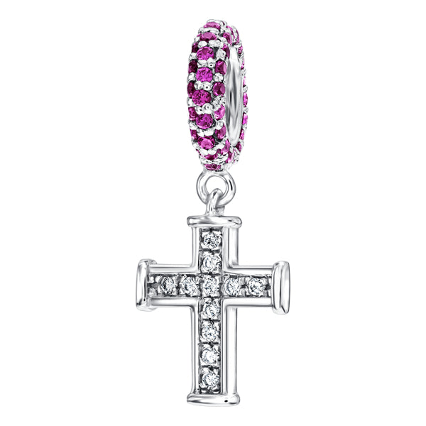 Cross bangle charm hanging on pave set hoop