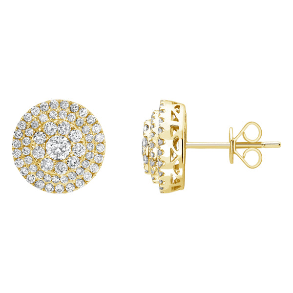 Three-tiered pave set round H-SI diamond earrings in 18k yellow gold