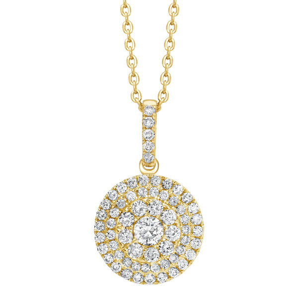 Three-tiered pave set round H-SI diamond pendant in 18k yellow gold with chain