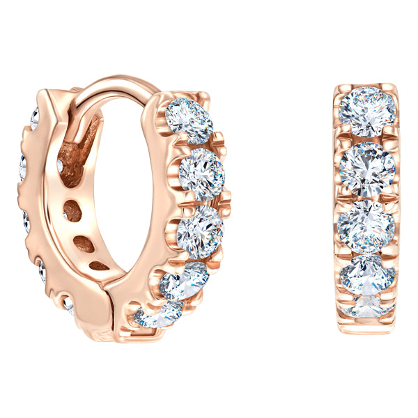 H-SI round brilliant castle set diamond mini hoops in 18k rose gold