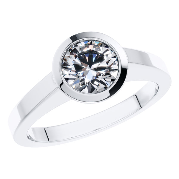 Round Brilliant Diamond rub over Solitaire Engagement Ring set in 18ct White Gold.