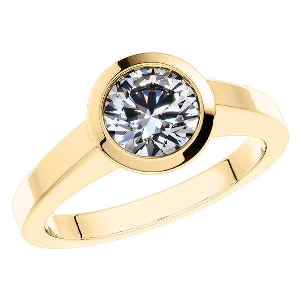 Round Brilliant Diamond rub over Solitaire Engagement Ring set in 18ct Yellow Gold.