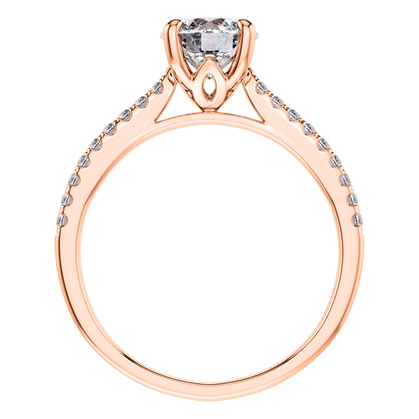 Stunning Round Brilliant Diamond 4 Claw Engagement Ring with side diamonds Set in 18ct Rose Gold.